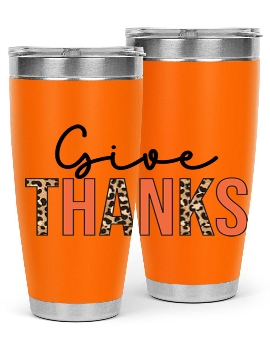Give Thanks 20oz Tumbler featuring double wall vacuum stainless steel with copper lining, designed for hot and cold beverages.