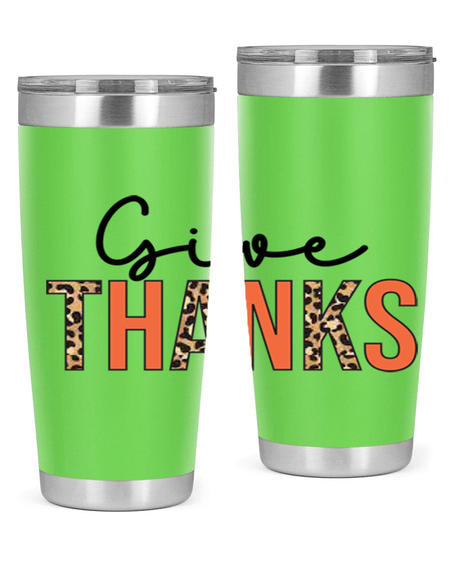Give Thanks 20oz Tumbler featuring double wall vacuum stainless steel with copper lining, designed for hot and cold beverages.