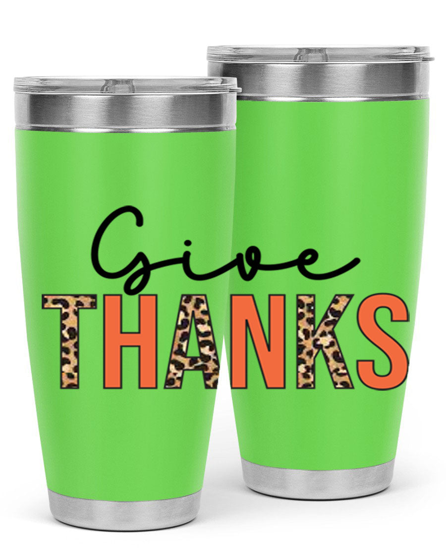 Give Thanks 20oz Tumbler featuring double wall vacuum stainless steel with copper lining, designed for hot and cold beverages.