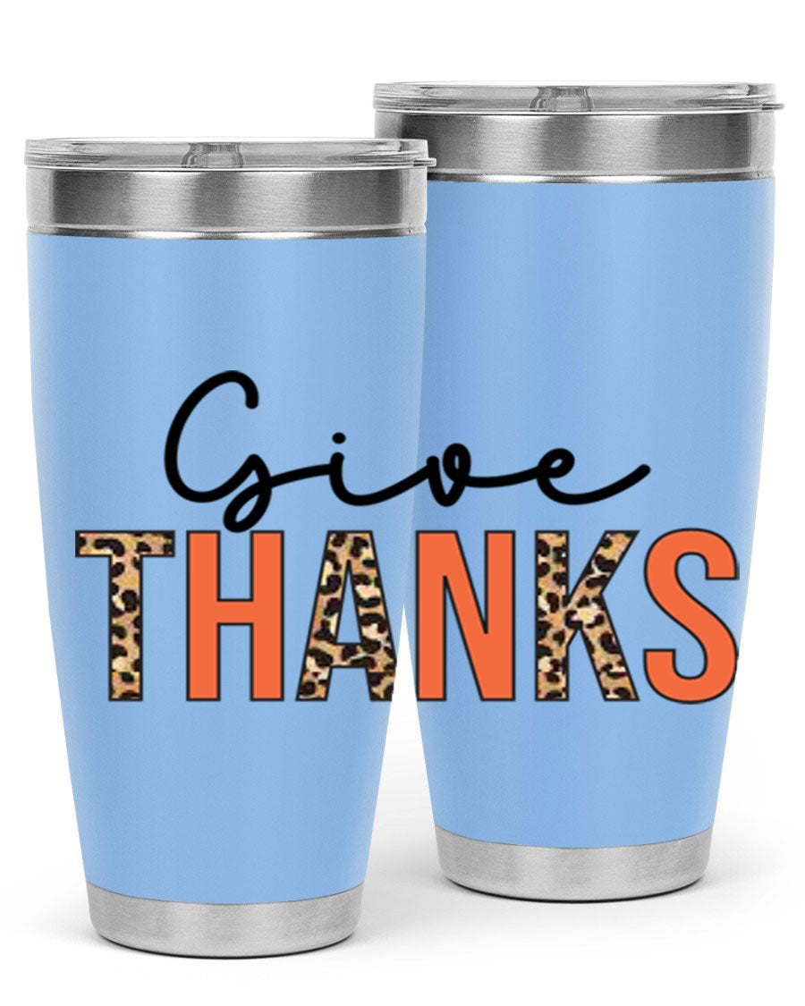 Give Thanks 20oz Tumbler featuring double wall vacuum stainless steel with copper lining, designed for hot and cold beverages.