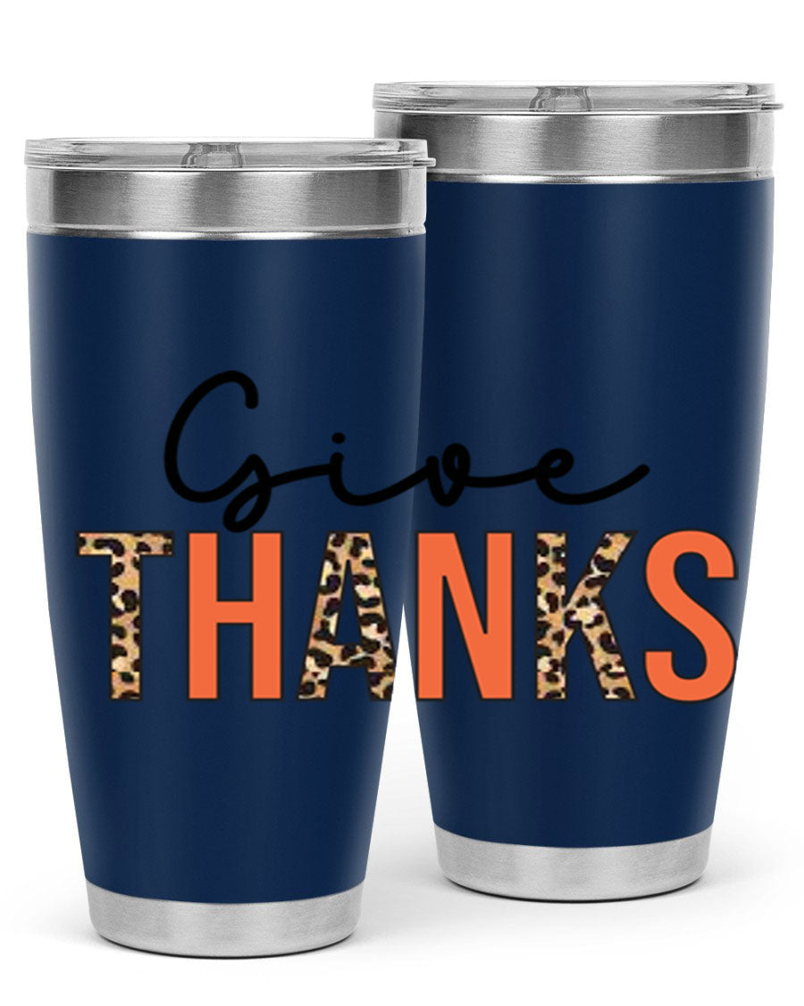 Give Thanks 20oz Tumbler featuring double wall vacuum stainless steel with copper lining, designed for hot and cold beverages.