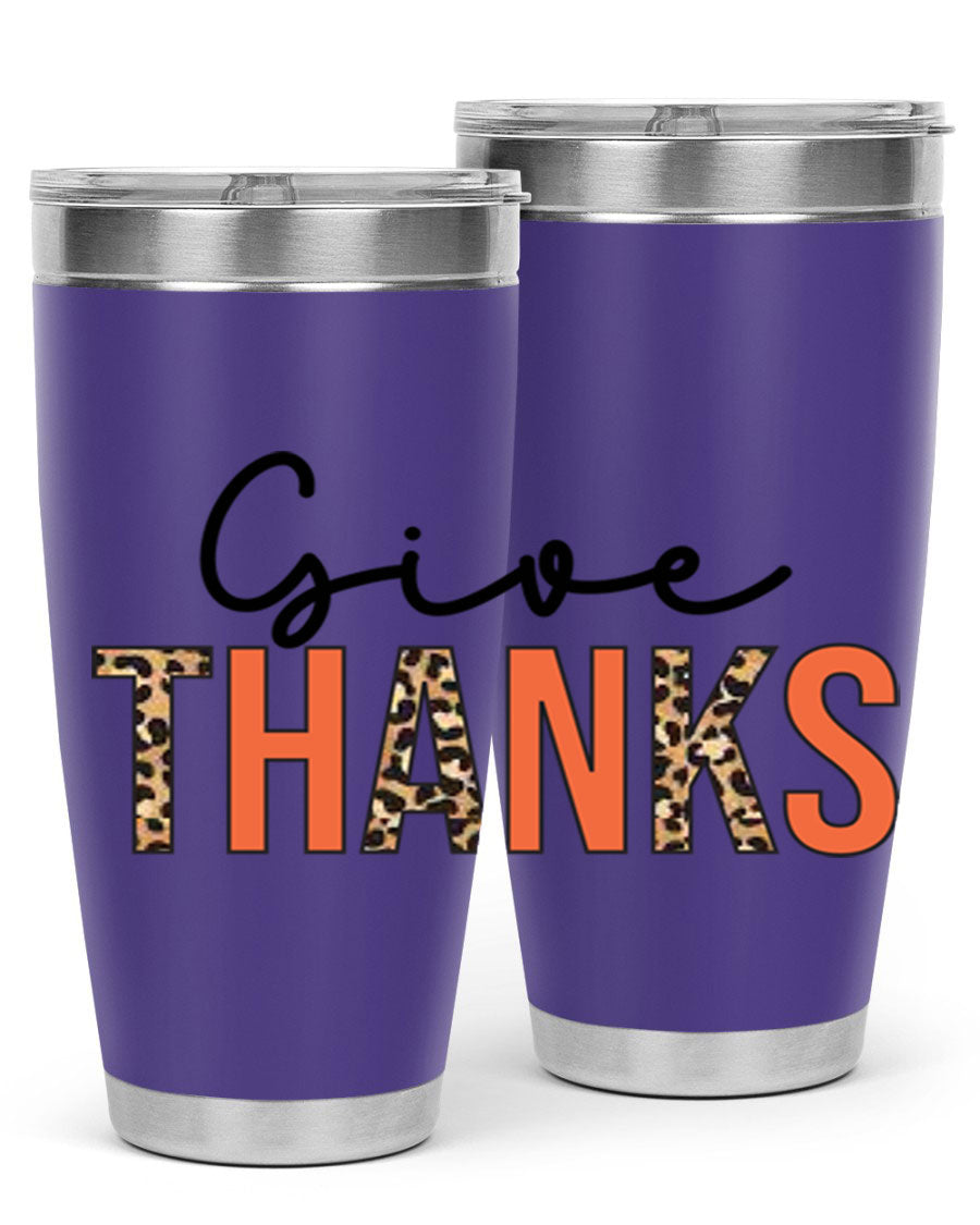 Give Thanks 20oz Tumbler featuring double wall vacuum stainless steel with copper lining, designed for hot and cold beverages.
