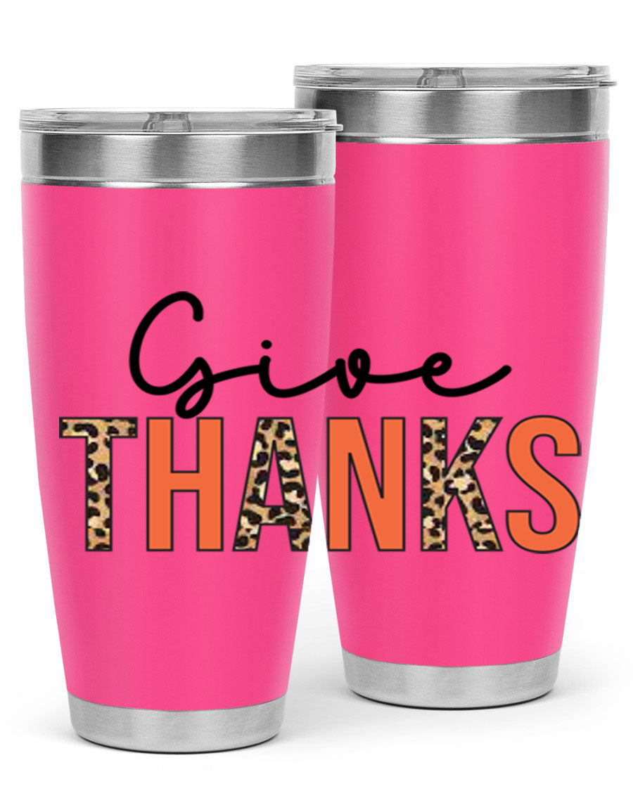 Give Thanks 20oz Tumbler featuring double wall vacuum stainless steel with copper lining, designed for hot and cold beverages.