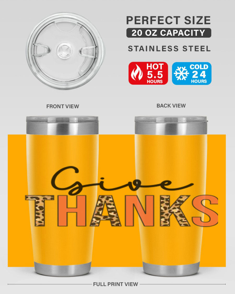 Give Thanks 20oz Tumbler featuring double wall vacuum stainless steel with copper lining, designed for hot and cold beverages.