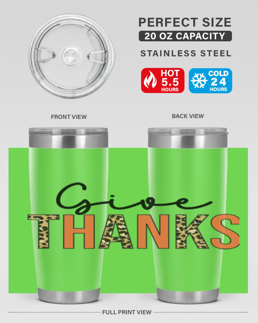 Give Thanks 20oz Tumbler featuring double wall vacuum stainless steel with copper lining, designed for hot and cold beverages.