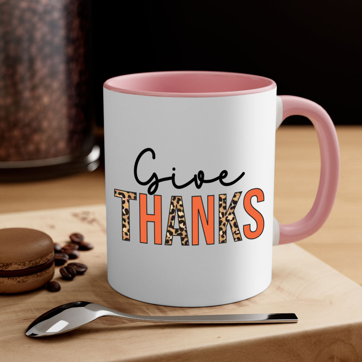 Give Thanks 194# Mug featuring a glossy finish, colored handle, and interior, available in multiple colors and sizes.