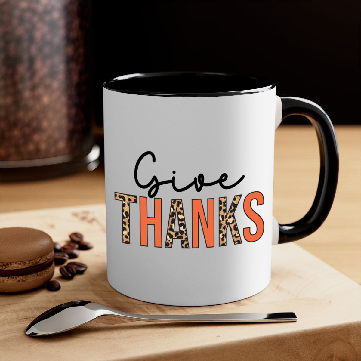 Give Thanks 194# Mug featuring a glossy finish, colored handle, and interior, available in multiple colors and sizes.