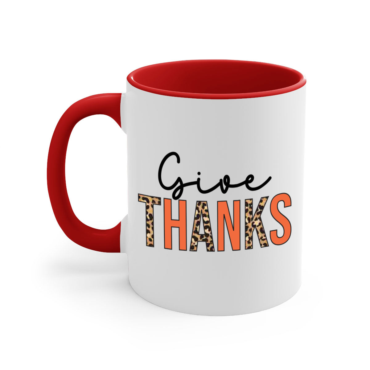 Give Thanks 194# Mug featuring a glossy finish, colored handle, and interior, available in multiple colors and sizes.