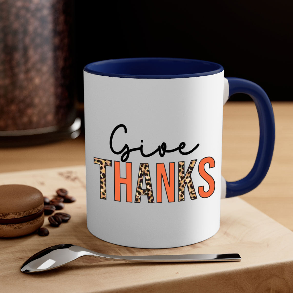 Give Thanks 194# Mug featuring a glossy finish, colored handle, and interior, available in multiple colors and sizes.