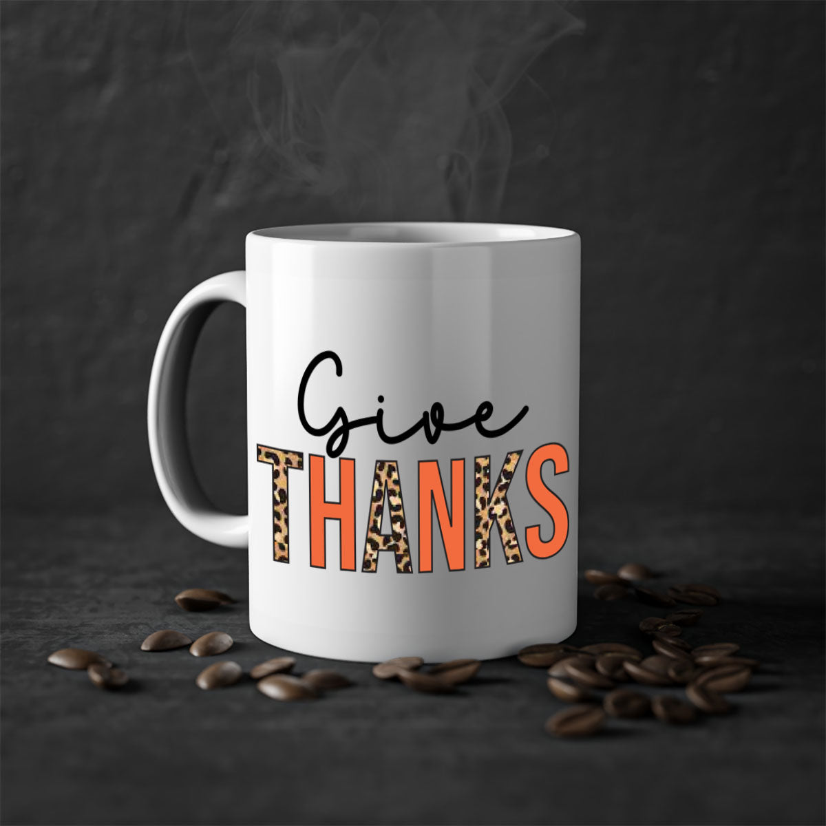 Give Thanks 194# Mug featuring a glossy finish, colored handle, and interior, available in multiple colors and sizes.
