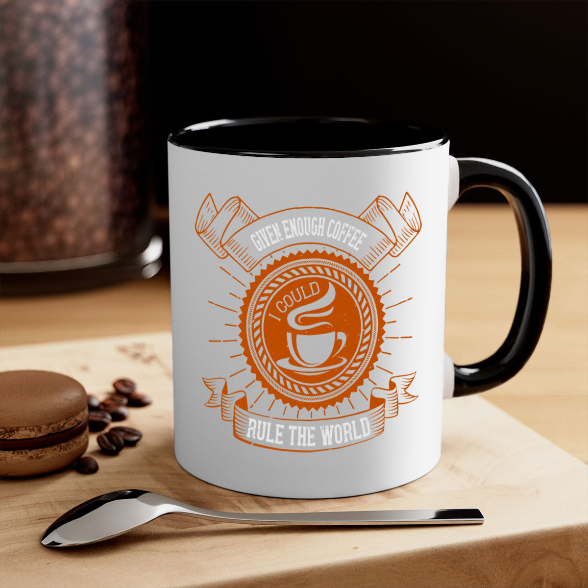 Two-tone coffee mug with the quote 'Given Enough Coffee I Could Rule the World', featuring a glossy finish and colored handle.