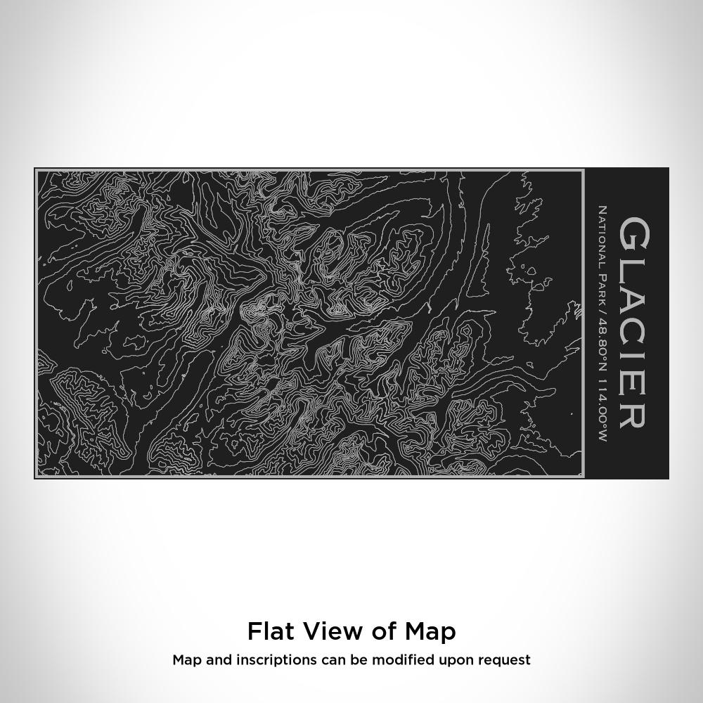 Matte black insulated stainless steel bottle featuring a custom engraved map of Glacier National Park, Alaska.