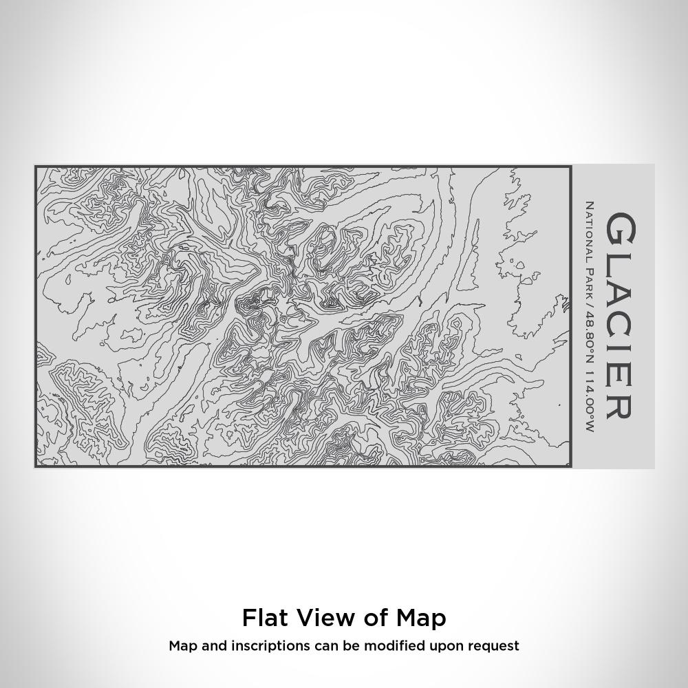 A 17oz insulated stainless steel bottle featuring a custom engraved map of Glacier National Park, Alaska, showcasing its stunning topography.