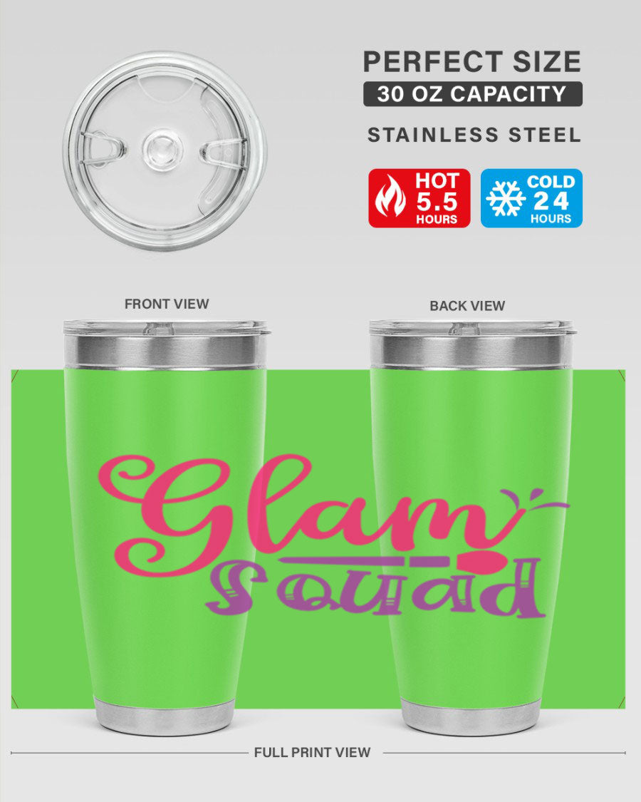 Glam Squad Style 237# 20oz Tumbler in stainless steel with a stylish design, showcasing its double wall vacuum insulation and drink-thru lid.
