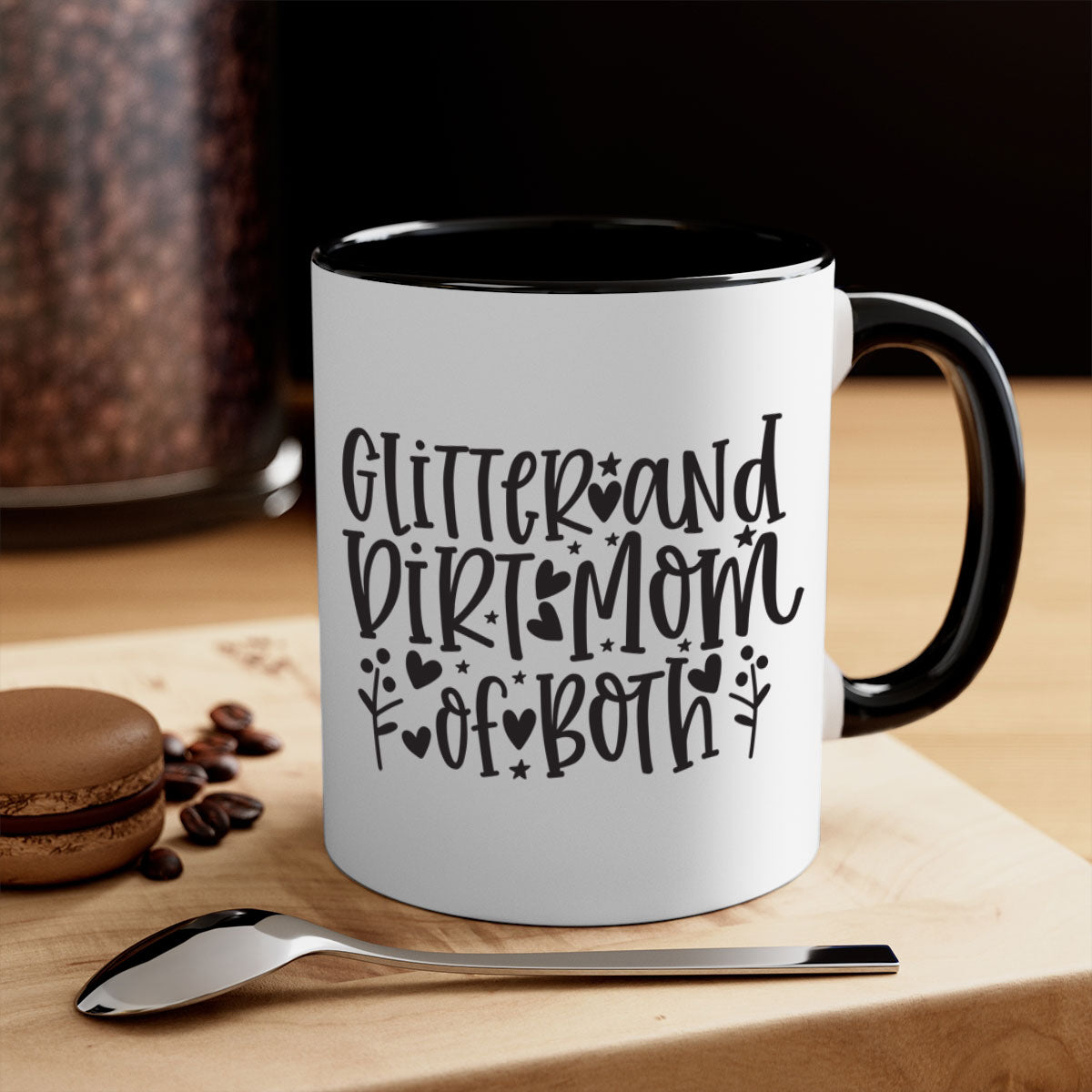 Glitter and Dirt Mom of Both Mug with colorful handle and glossy finish, perfect for coffee or tea.