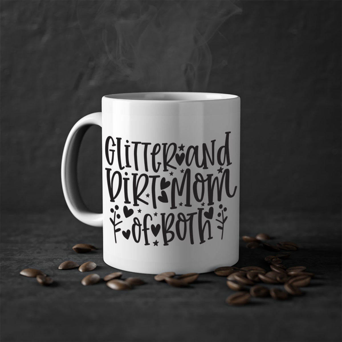 Glitter and Dirt Mom of Both Mug with colorful handle and glossy finish, perfect for coffee or tea.