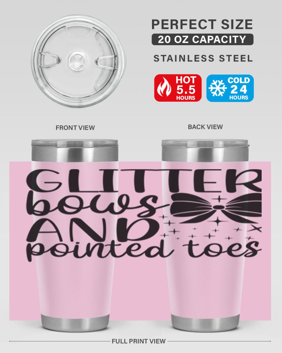 A stylish glitter bows and pointed toes tumbler, showcasing a vibrant design with a double wall vacuum stainless steel body, perfect for ballet lovers.