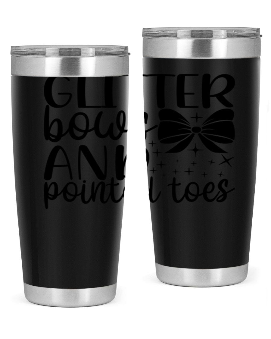 A stylish glitter bows and pointed toes tumbler, showcasing a vibrant design with a double wall vacuum stainless steel body, perfect for ballet lovers.
