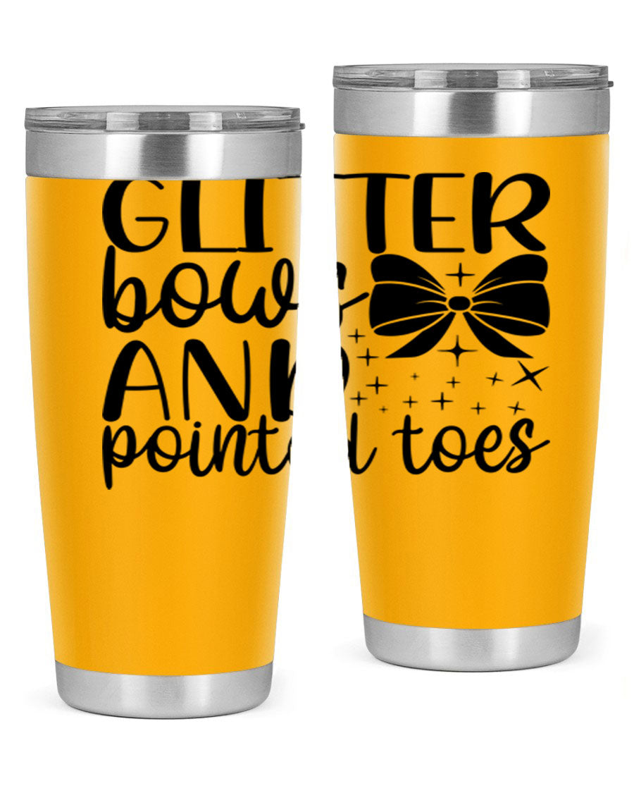 A stylish glitter bows and pointed toes tumbler, showcasing a vibrant design with a double wall vacuum stainless steel body, perfect for ballet lovers.