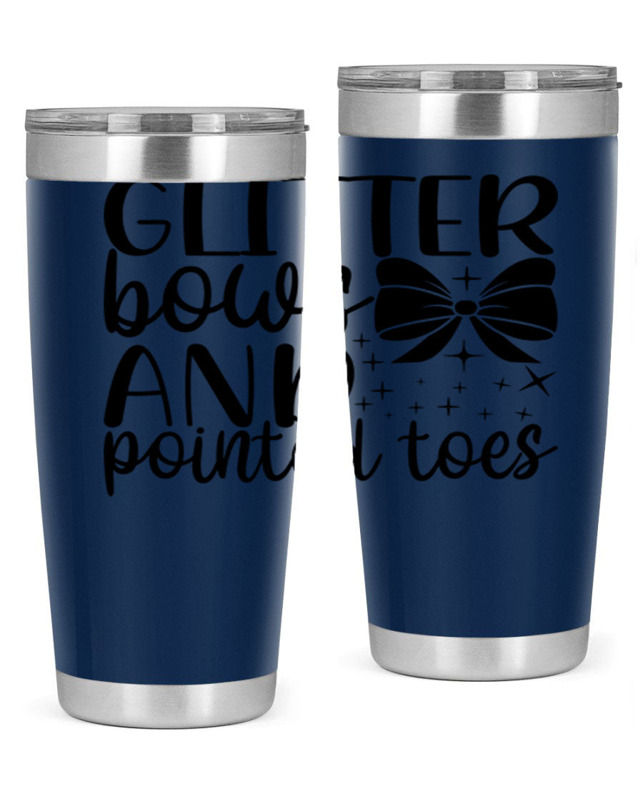 A stylish glitter bows and pointed toes tumbler, showcasing a vibrant design with a double wall vacuum stainless steel body, perfect for ballet lovers.