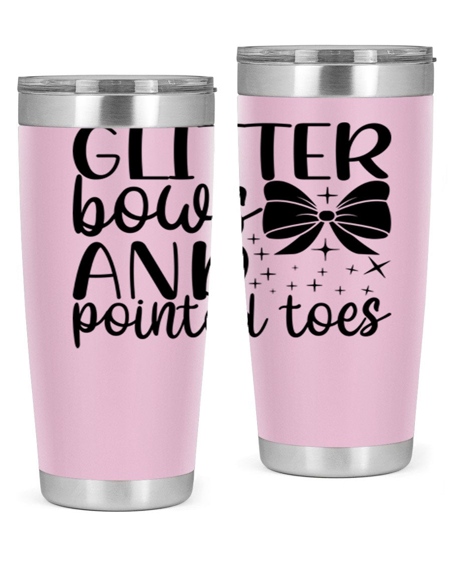 A stylish glitter bows and pointed toes tumbler, showcasing a vibrant design with a double wall vacuum stainless steel body, perfect for ballet lovers.