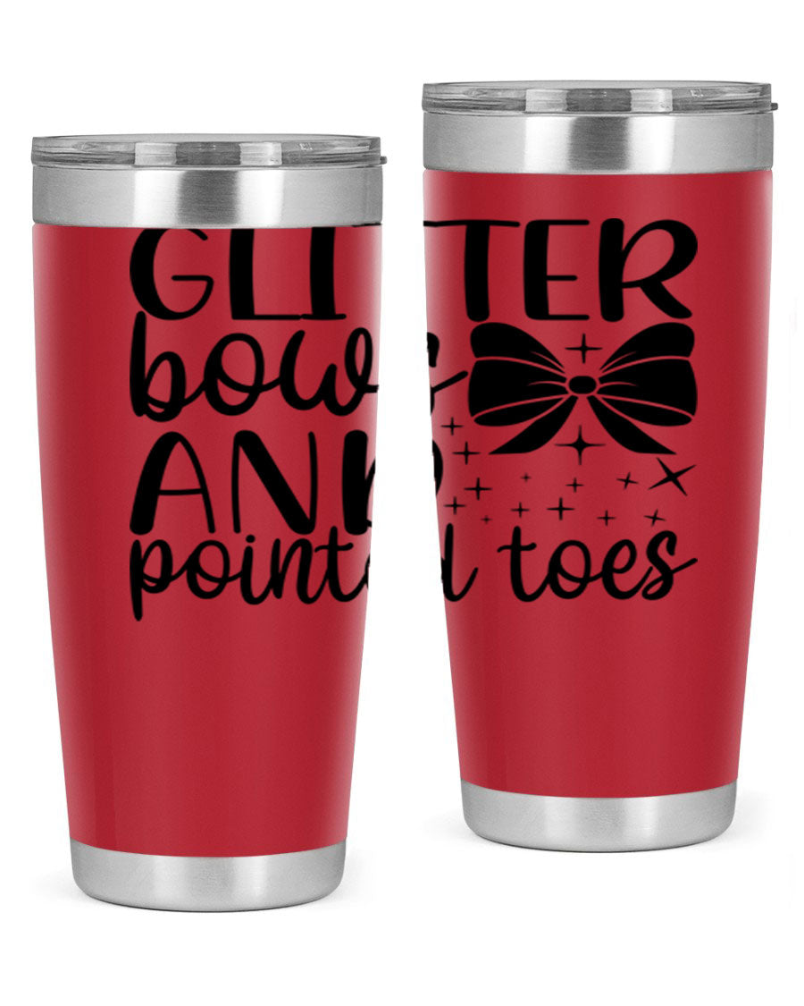 A stylish glitter bows and pointed toes tumbler, showcasing a vibrant design with a double wall vacuum stainless steel body, perfect for ballet lovers.