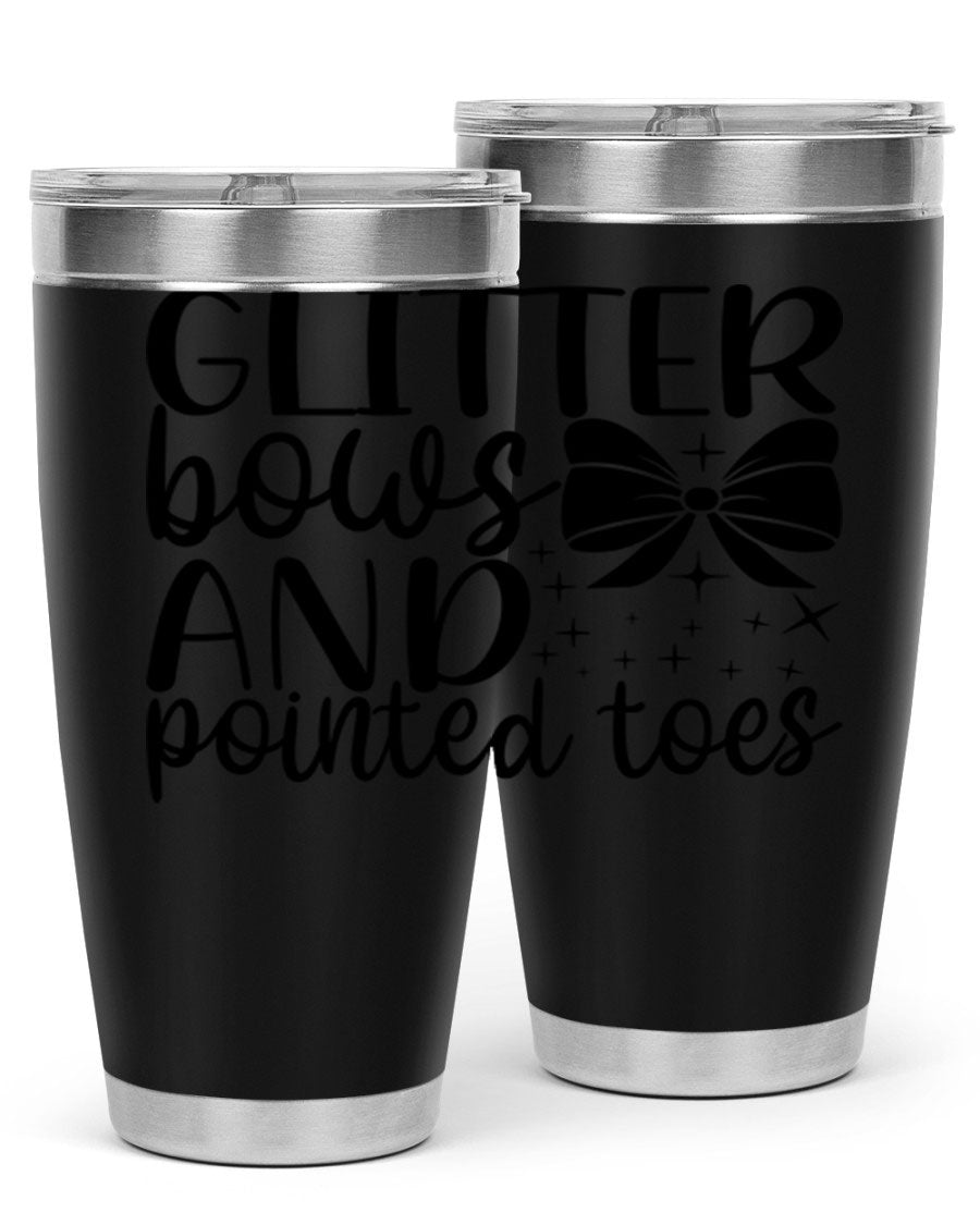 A stylish glitter bows and pointed toes tumbler, showcasing a vibrant design with a double wall vacuum stainless steel body, perfect for ballet lovers.
