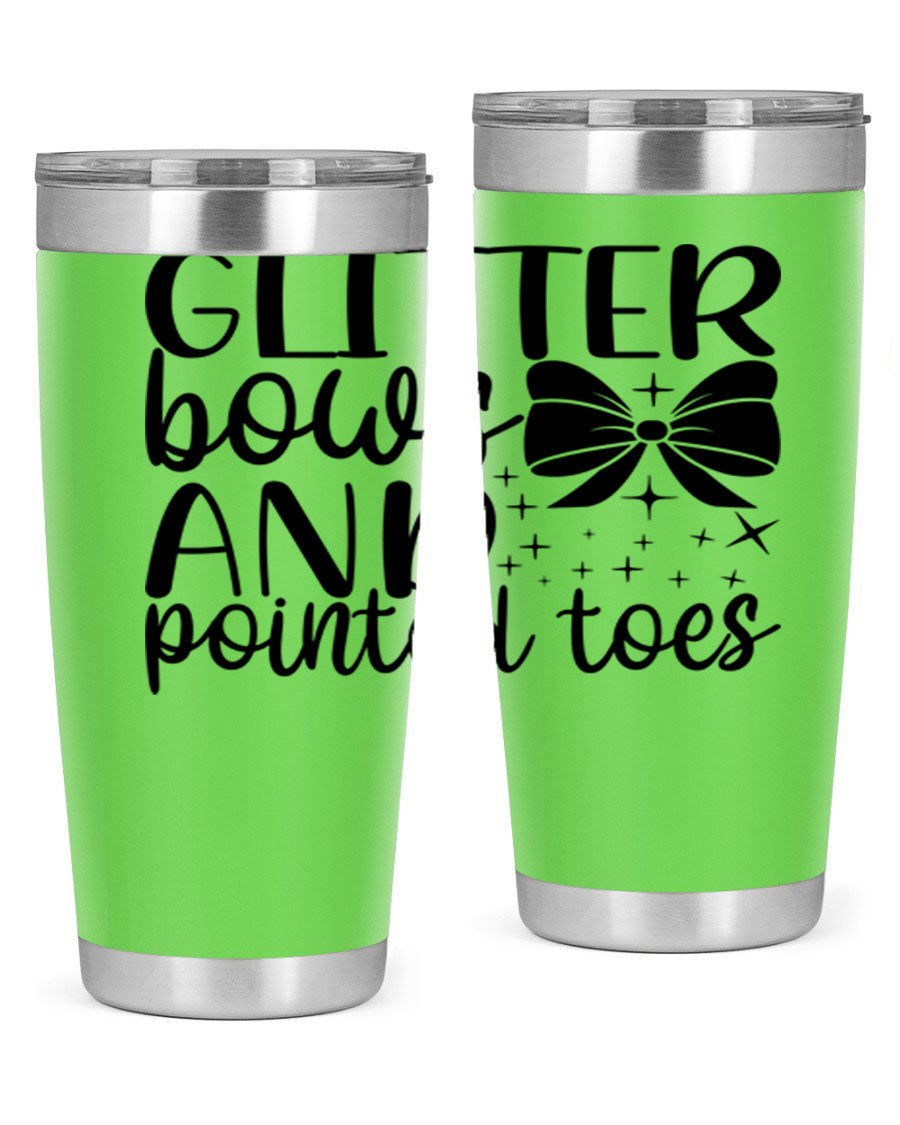 A stylish glitter bows and pointed toes tumbler, showcasing a vibrant design with a double wall vacuum stainless steel body, perfect for ballet lovers.
