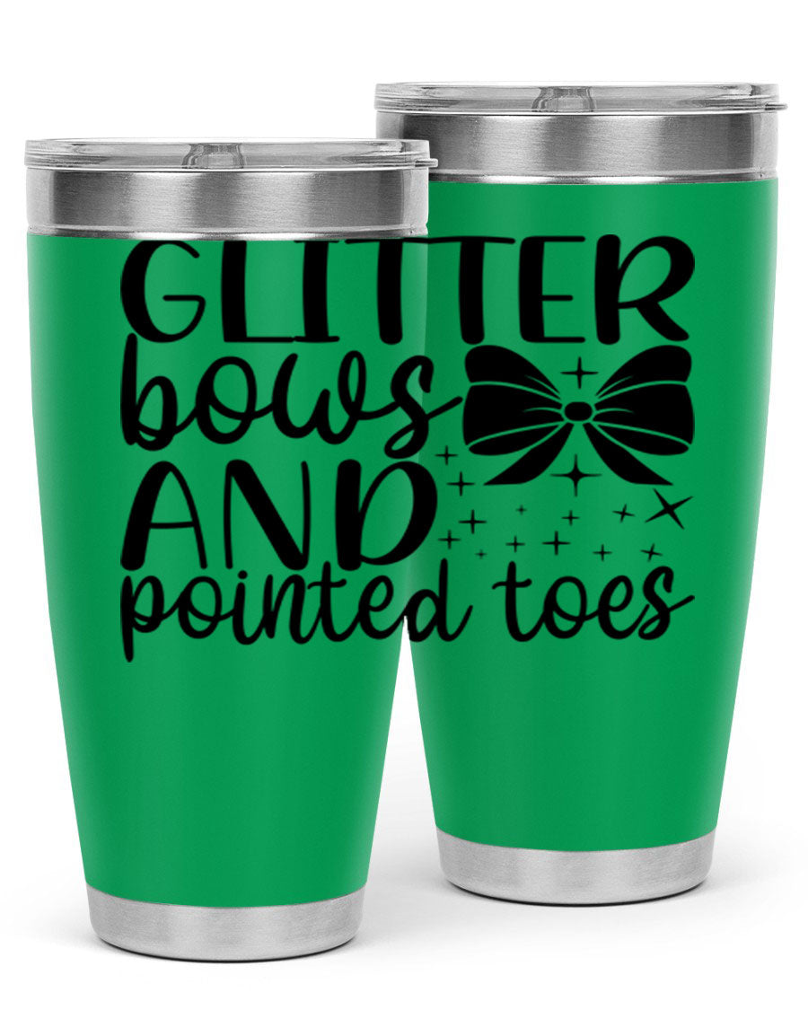 A stylish glitter bows and pointed toes tumbler, showcasing a vibrant design with a double wall vacuum stainless steel body, perfect for ballet lovers.