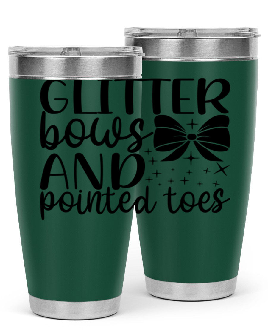A stylish glitter bows and pointed toes tumbler, showcasing a vibrant design with a double wall vacuum stainless steel body, perfect for ballet lovers.
