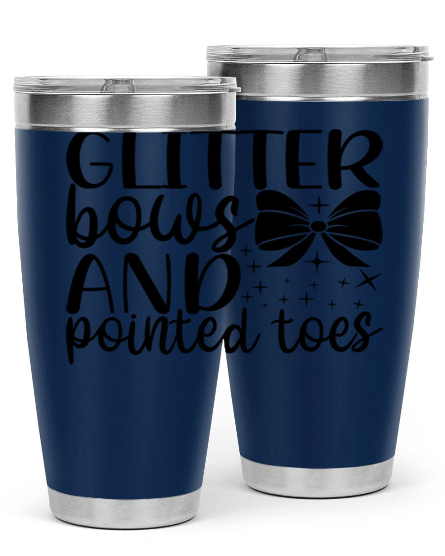 A stylish glitter bows and pointed toes tumbler, showcasing a vibrant design with a double wall vacuum stainless steel body, perfect for ballet lovers.