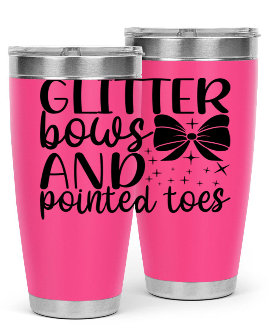 A stylish glitter bows and pointed toes tumbler, showcasing a vibrant design with a double wall vacuum stainless steel body, perfect for ballet lovers.