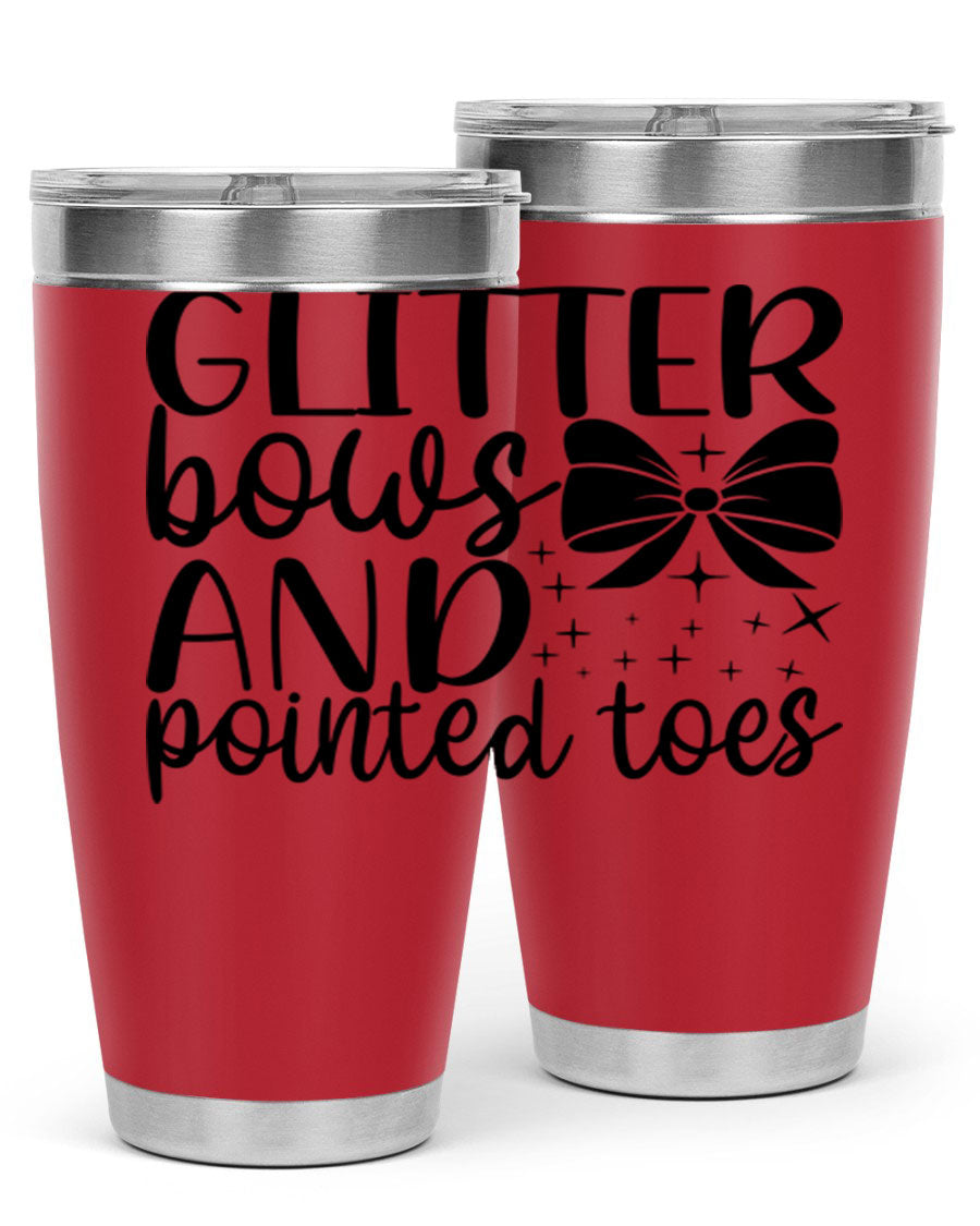 A stylish glitter bows and pointed toes tumbler, showcasing a vibrant design with a double wall vacuum stainless steel body, perfect for ballet lovers.