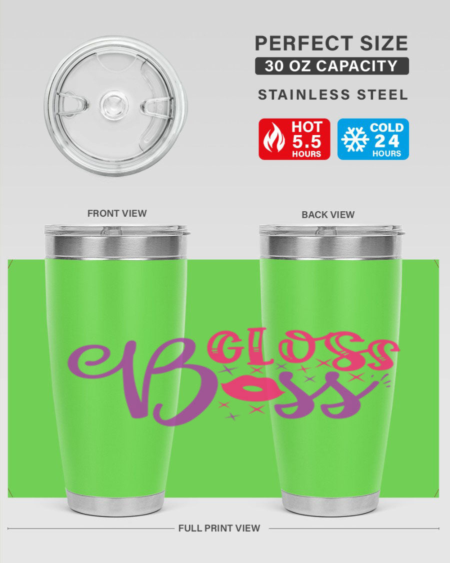 Gloss Boss Style 236# 20oz Tumbler in stainless steel with a sleek design and drink-thru lid, perfect for hot and cold beverages.