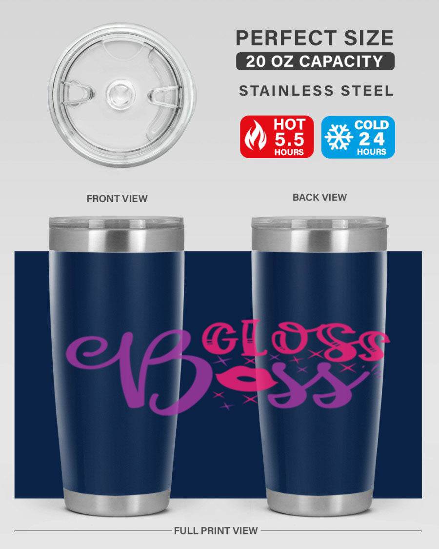 Gloss Boss Style 236# 20oz Tumbler in stainless steel with a sleek design and drink-thru lid, perfect for hot and cold beverages.