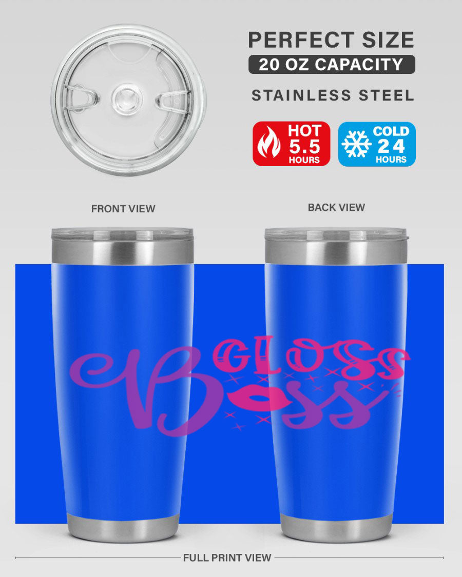 Gloss Boss Style 236# 20oz Tumbler in stainless steel with a sleek design and drink-thru lid, perfect for hot and cold beverages.