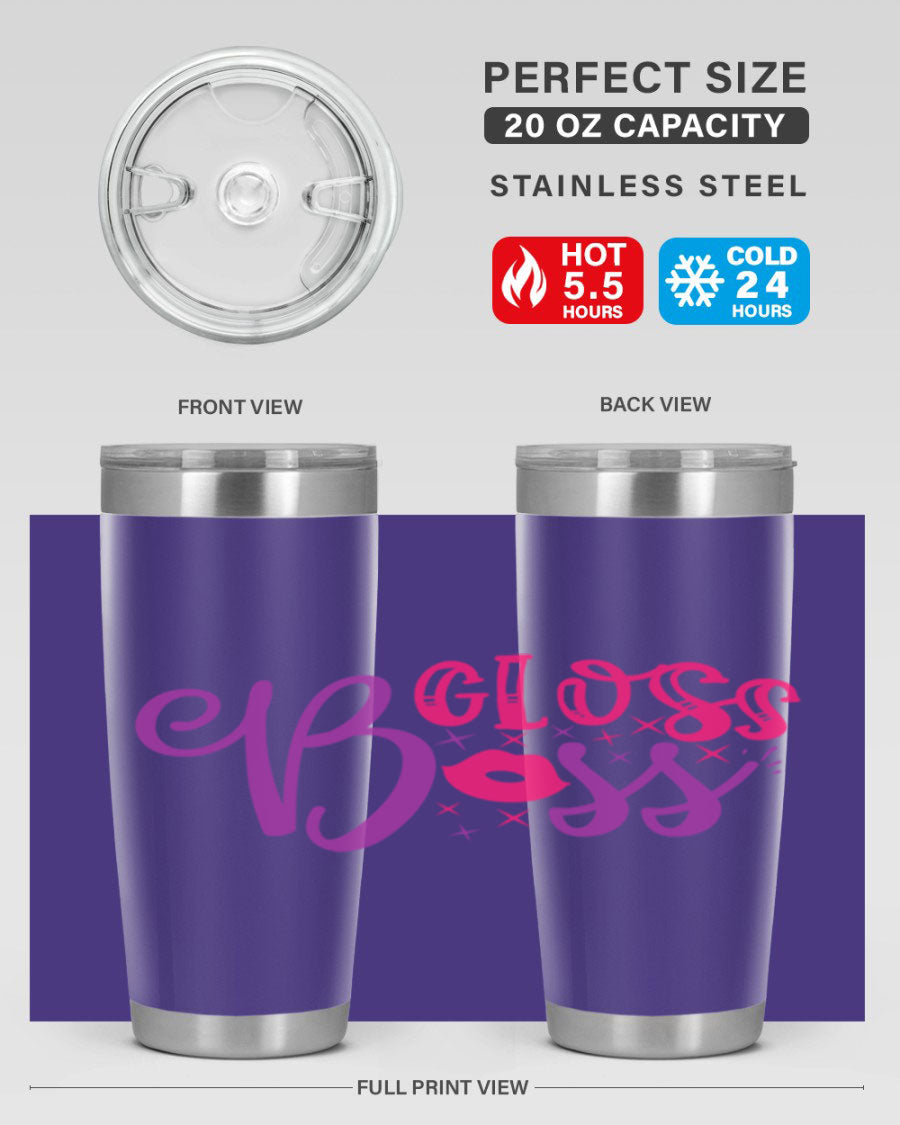 Gloss Boss Style 236# 20oz Tumbler in stainless steel with a sleek design and drink-thru lid, perfect for hot and cold beverages.