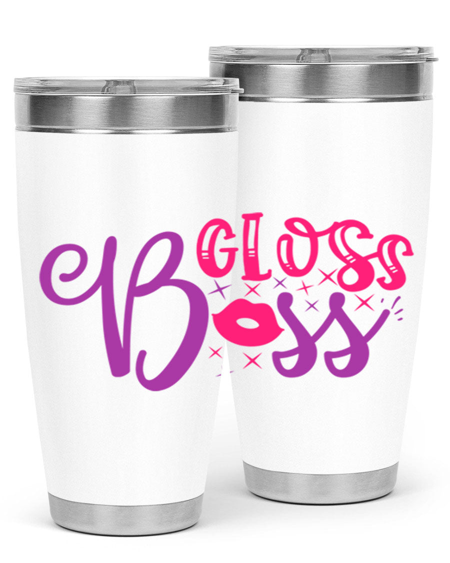 Gloss Boss Style 236# 20oz Tumbler in stainless steel with a sleek design and drink-thru lid, perfect for hot and cold beverages.