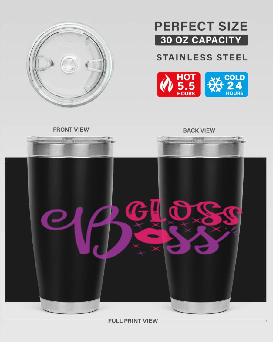 Gloss Boss Style 236# 20oz Tumbler in stainless steel with a sleek design and drink-thru lid, perfect for hot and cold beverages.