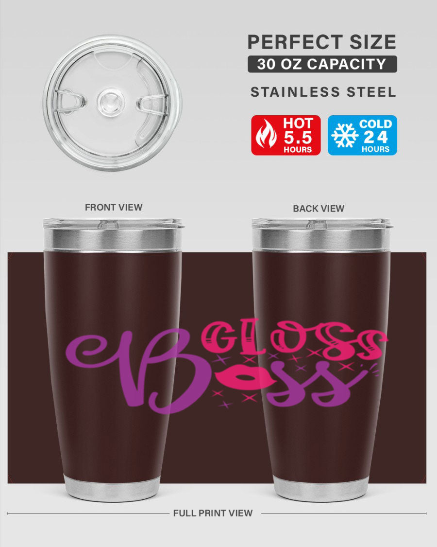 Gloss Boss Style 236# 20oz Tumbler in stainless steel with a sleek design and drink-thru lid, perfect for hot and cold beverages.
