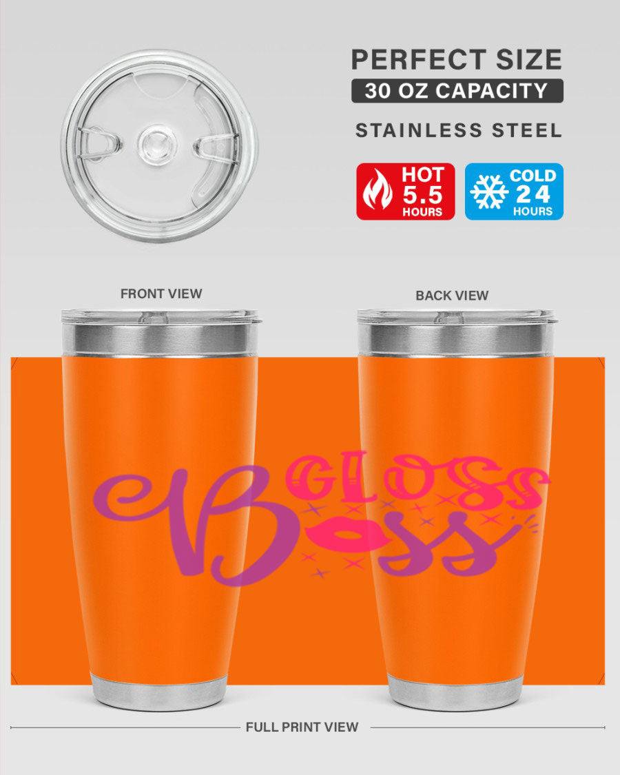 Gloss Boss Style 236# 20oz Tumbler in stainless steel with a sleek design and drink-thru lid, perfect for hot and cold beverages.