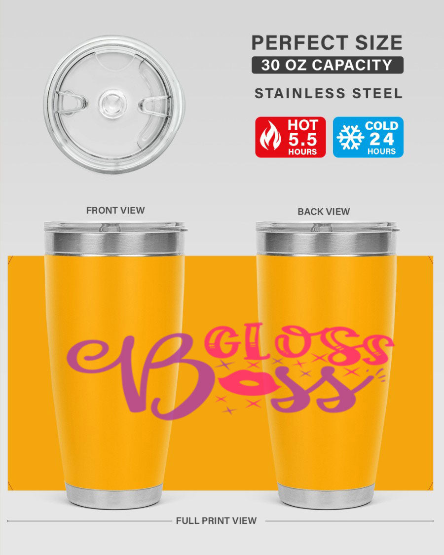 Gloss Boss Style 236# 20oz Tumbler in stainless steel with a sleek design and drink-thru lid, perfect for hot and cold beverages.