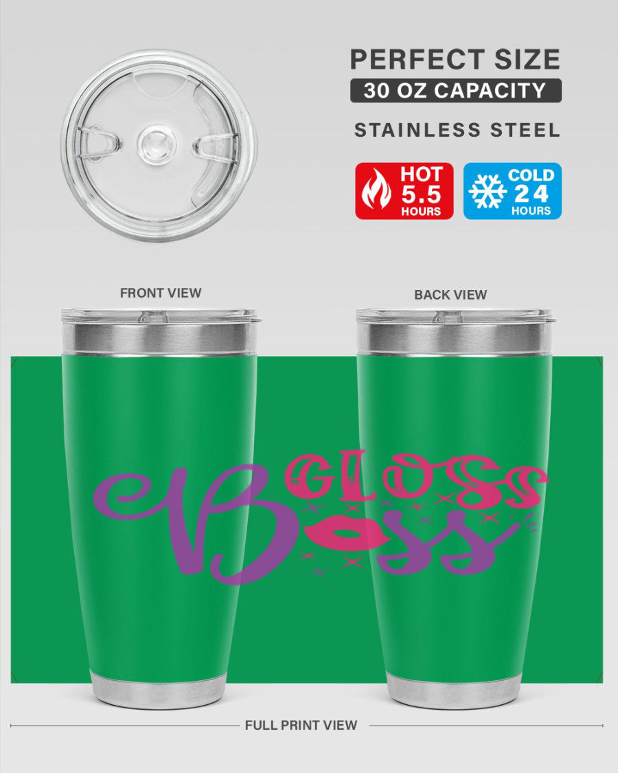 Gloss Boss Style 236# 20oz Tumbler in stainless steel with a sleek design and drink-thru lid, perfect for hot and cold beverages.
