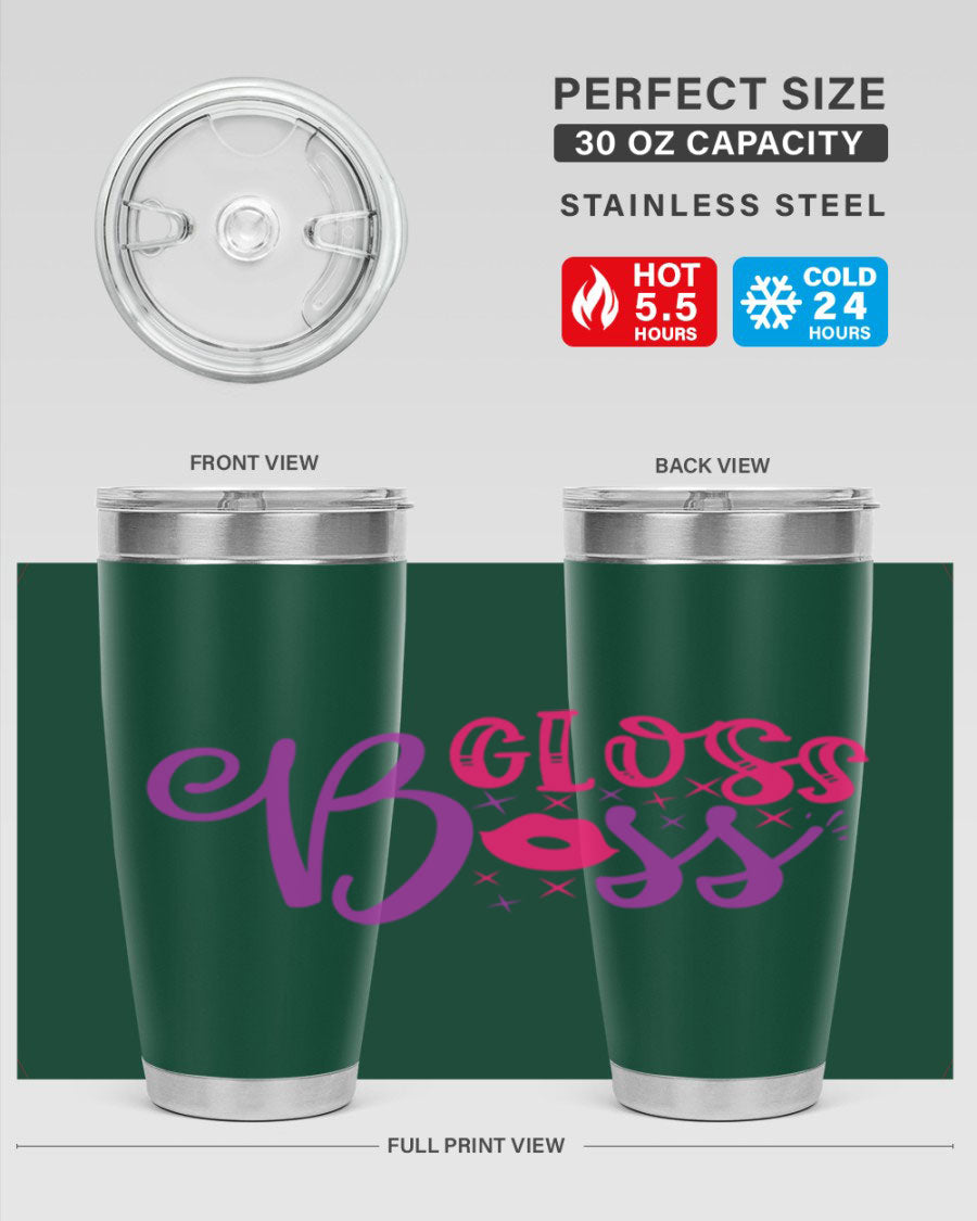 Gloss Boss Style 236# 20oz Tumbler in stainless steel with a sleek design and drink-thru lid, perfect for hot and cold beverages.