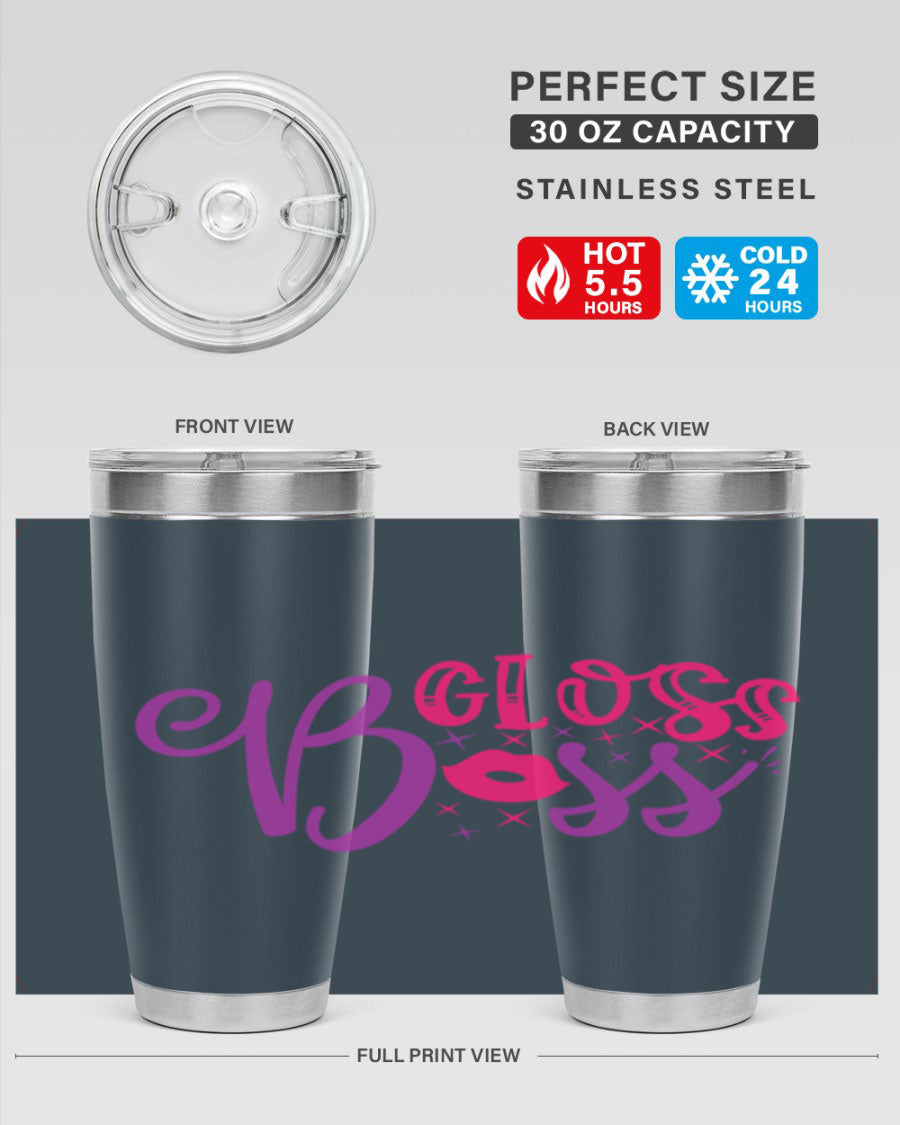 Gloss Boss Style 236# 20oz Tumbler in stainless steel with a sleek design and drink-thru lid, perfect for hot and cold beverages.