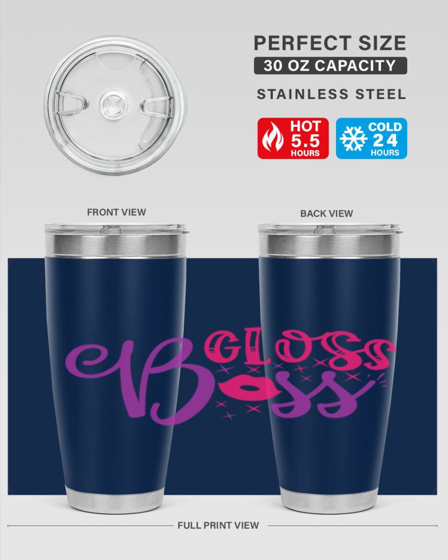 Gloss Boss Style 236# 20oz Tumbler in stainless steel with a sleek design and drink-thru lid, perfect for hot and cold beverages.