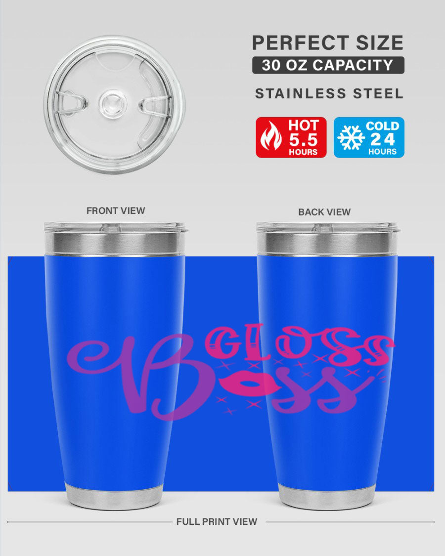 Gloss Boss Style 236# 20oz Tumbler in stainless steel with a sleek design and drink-thru lid, perfect for hot and cold beverages.