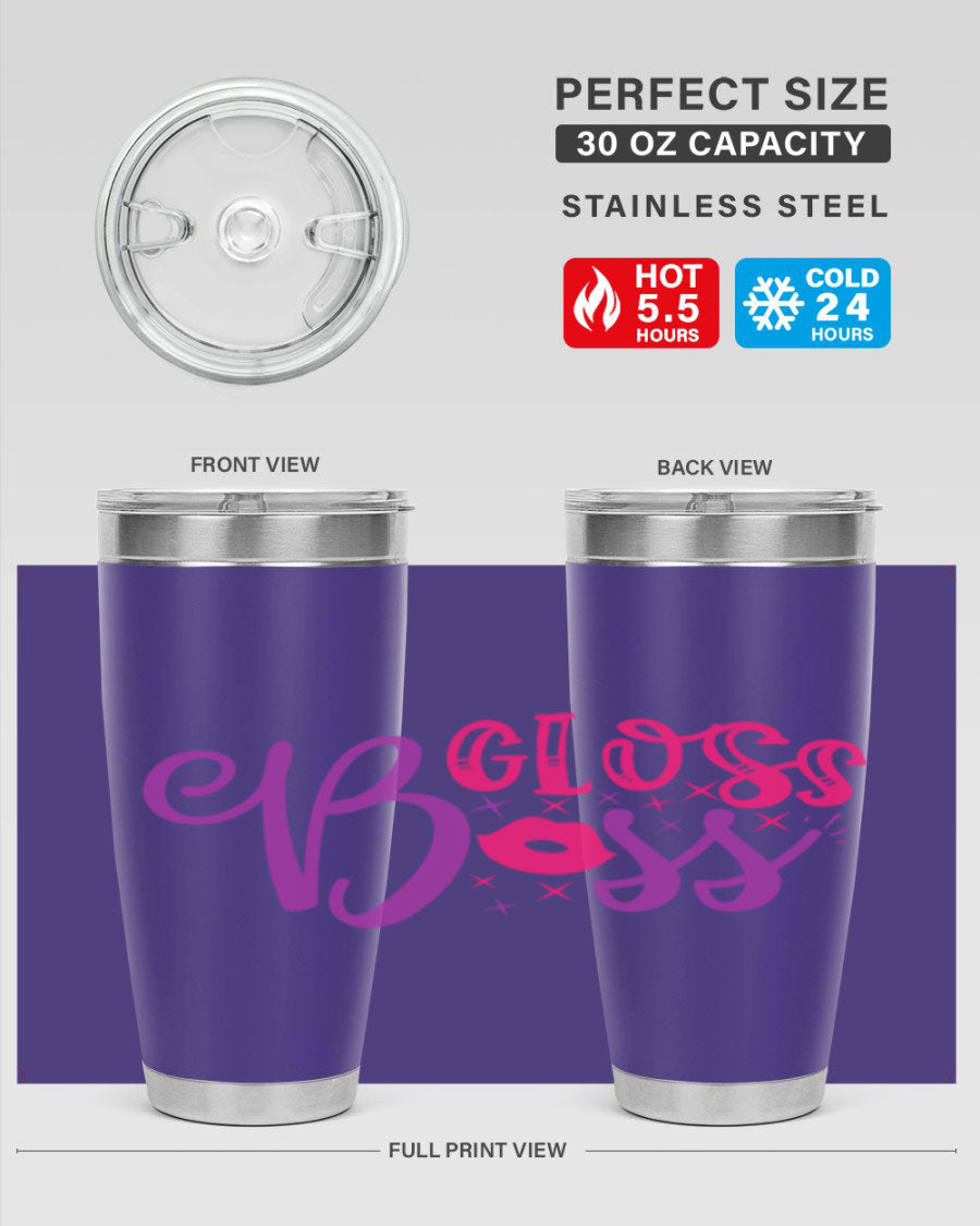 Gloss Boss Style 236# 20oz Tumbler in stainless steel with a sleek design and drink-thru lid, perfect for hot and cold beverages.