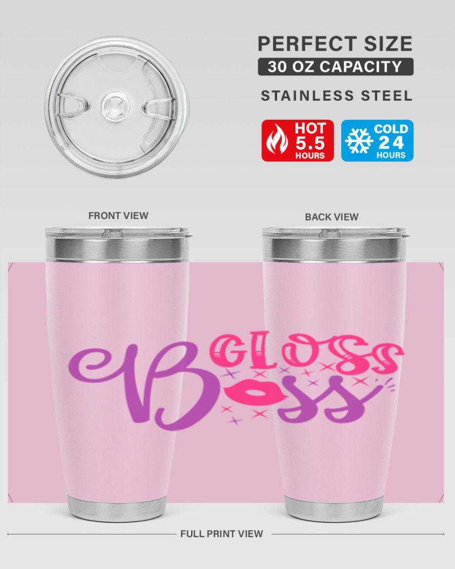 Gloss Boss Style 236# 20oz Tumbler in stainless steel with a sleek design and drink-thru lid, perfect for hot and cold beverages.