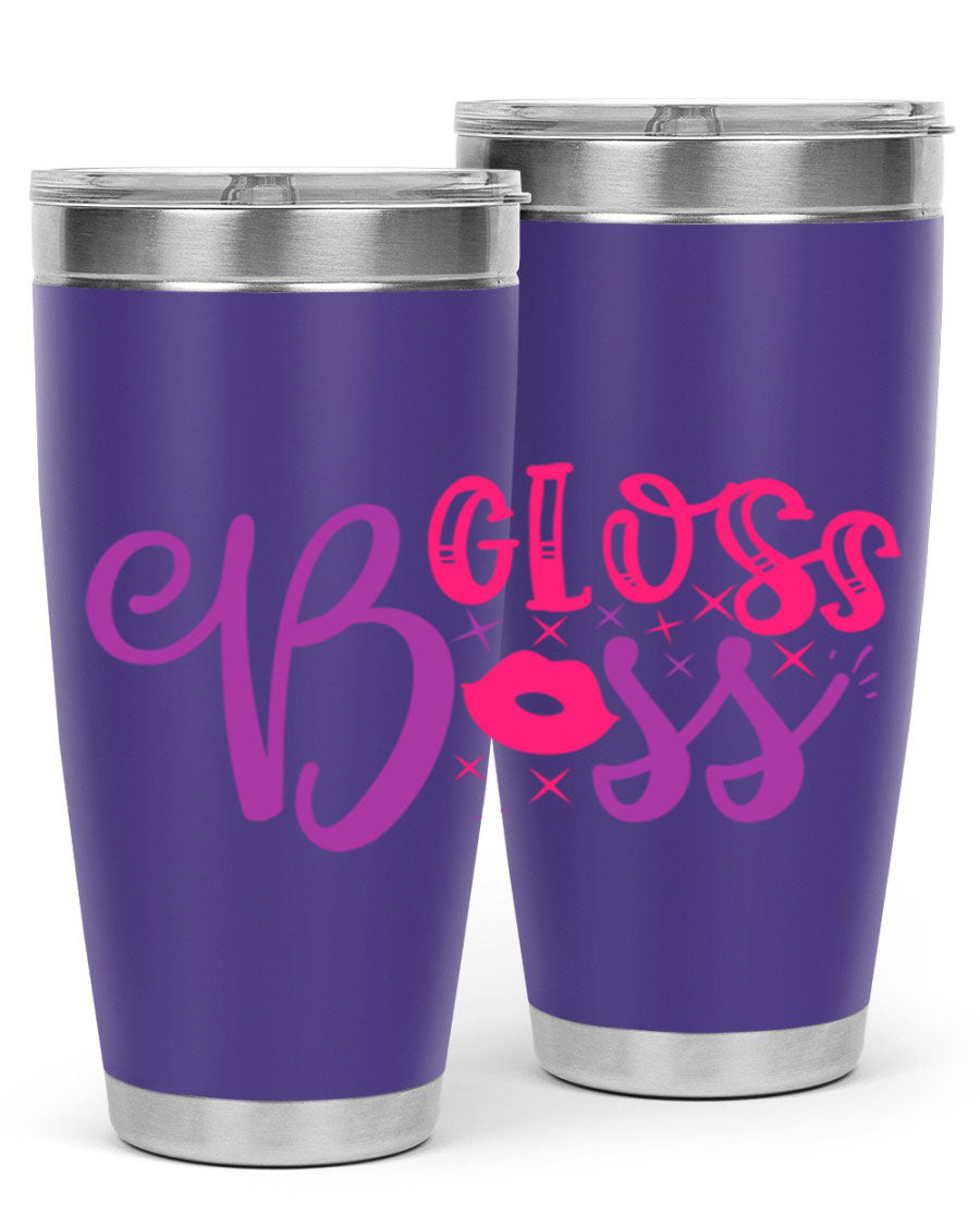 Gloss Boss Style 236# 20oz Tumbler in stainless steel with a sleek design and drink-thru lid, perfect for hot and cold beverages.